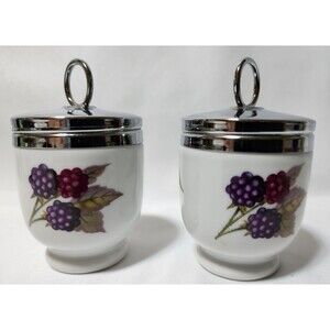 Pair Royal Worcester Porcelain Egg Coddlers Berries & Peach Design